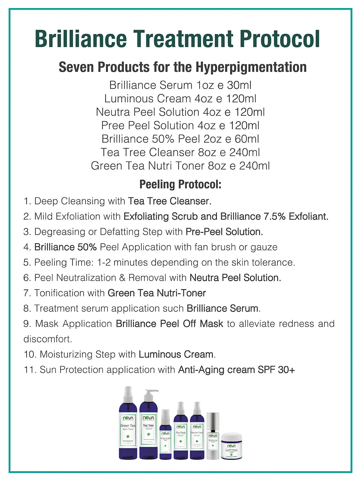Brilliance Treatment Protocol with listed products and steps for hyperpigmentation treatment.