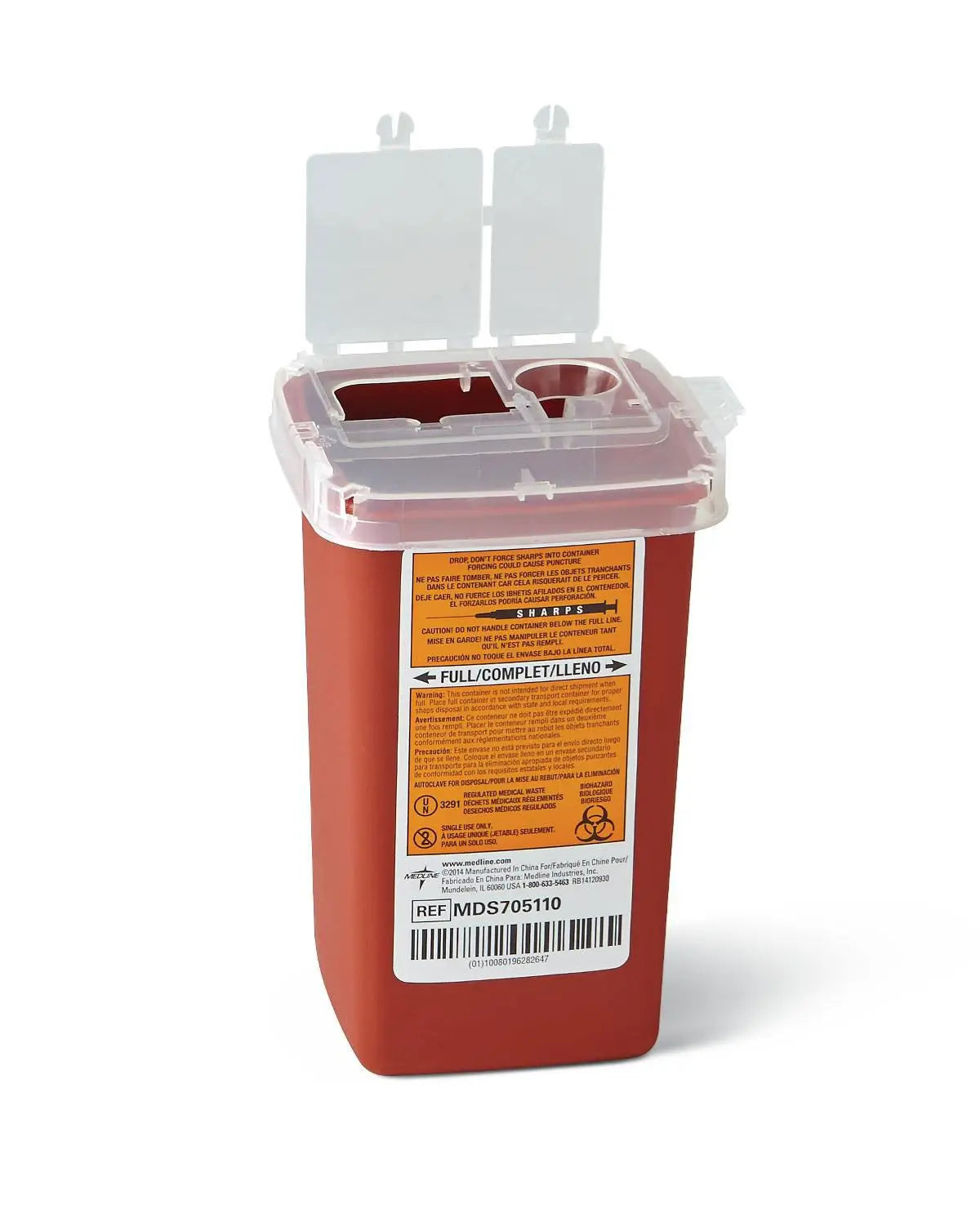 Red medical sharps container with a white lid on a white background
