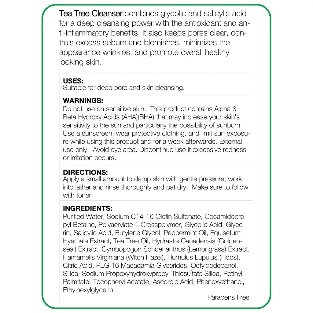Product label for Tea Tree Cleanser with text on a white background