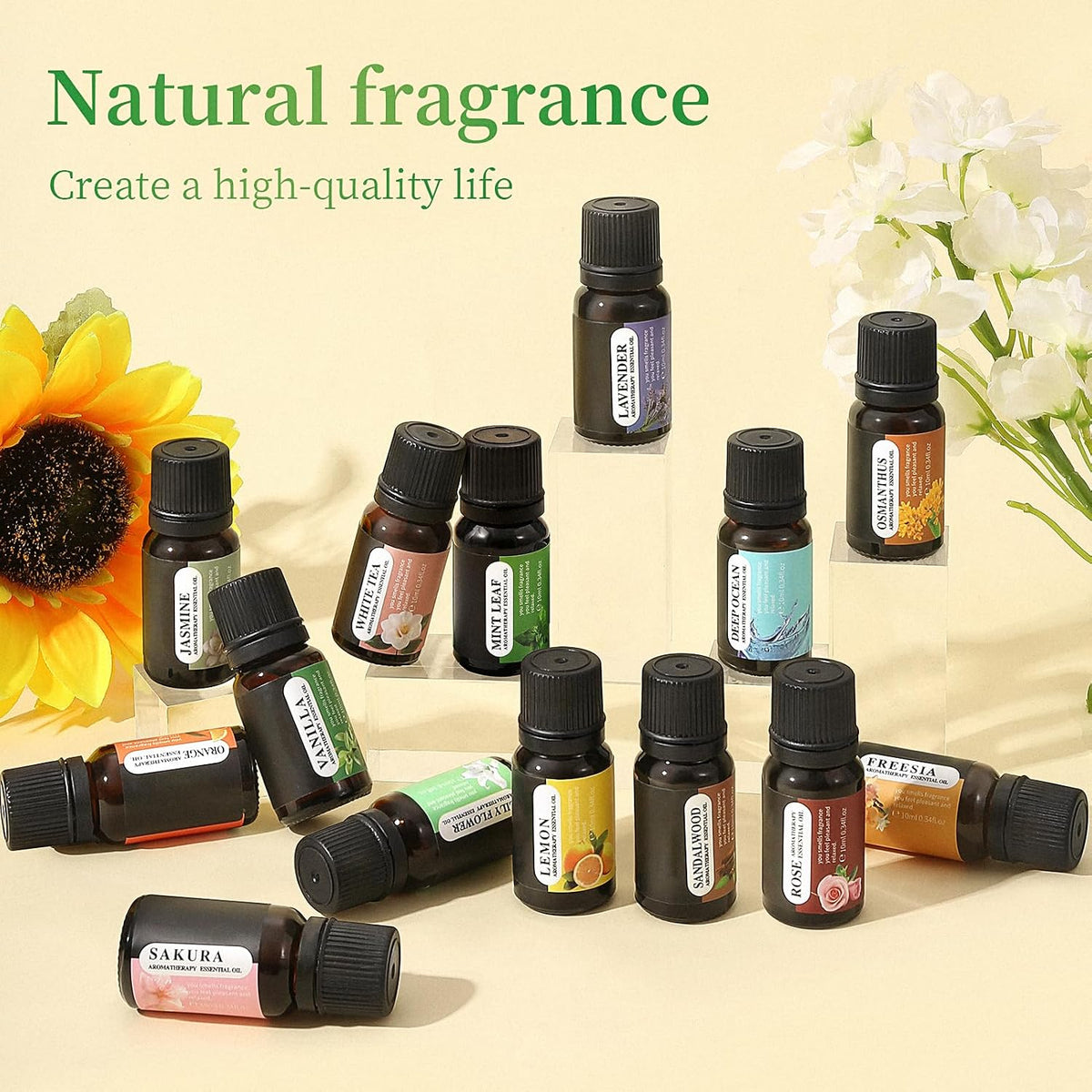 Essential Oil Set for Aromatherapy / 12 Scents 10ml | Lavender Rose Jasmine Mint Leaf White Tea Lemon Orange Osmanthus