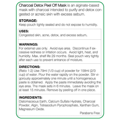 Instructions and information about a Charcoal Detox Peel Off Mask on a white background