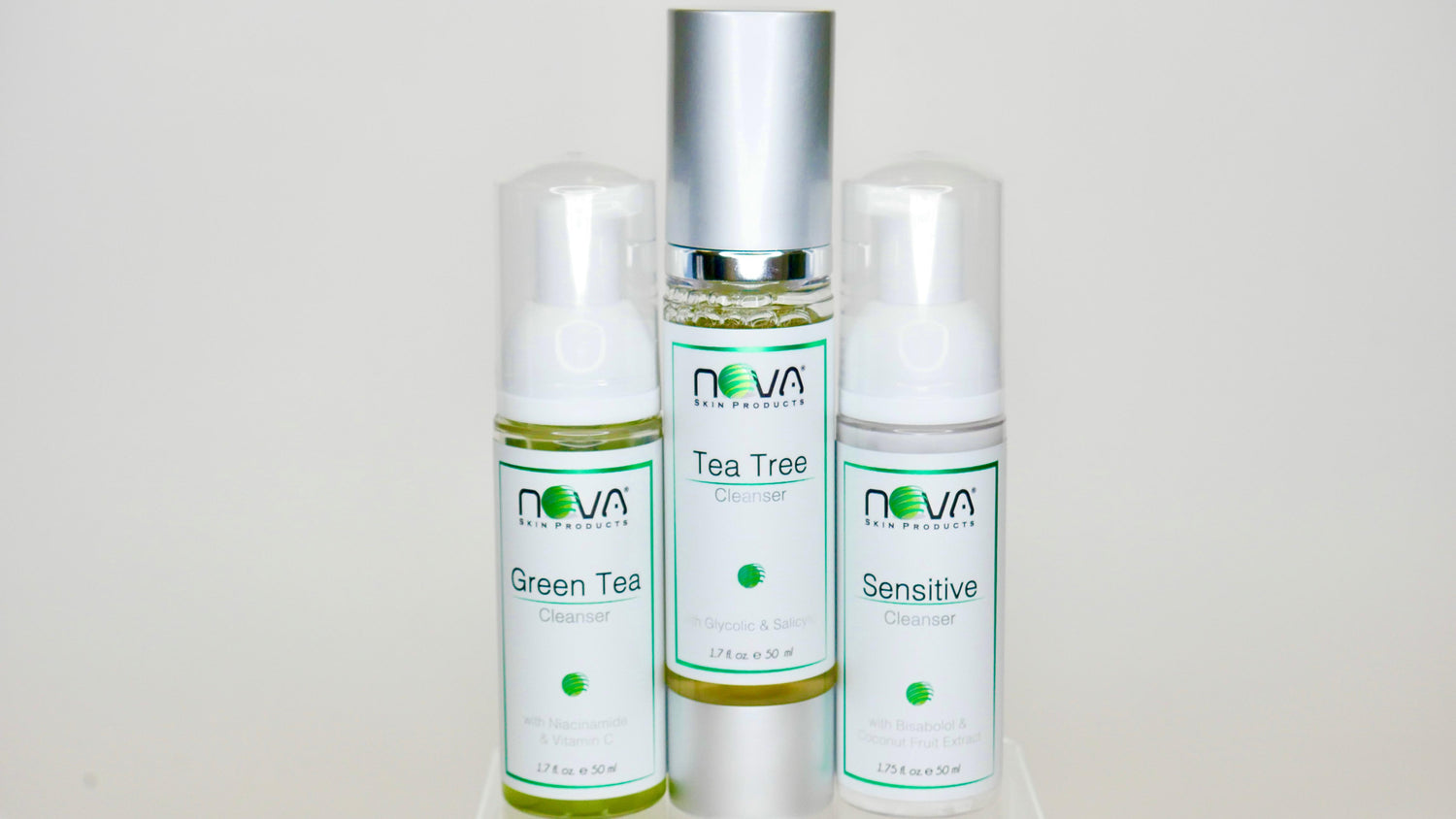 Three Nova skincare products on a white background