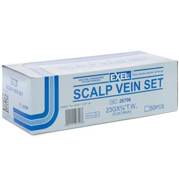 Box of EXE Scalp Vein Set on a white background