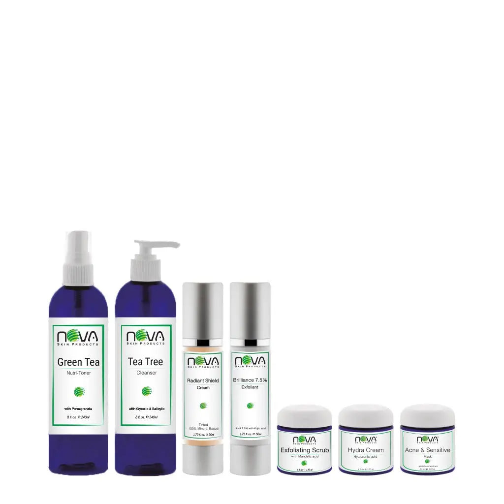 Collection of Nova skincare products on a white background