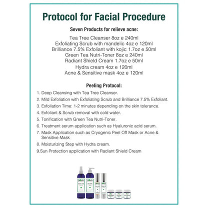 Protocol for facial procedure with listed products and steps on a white background