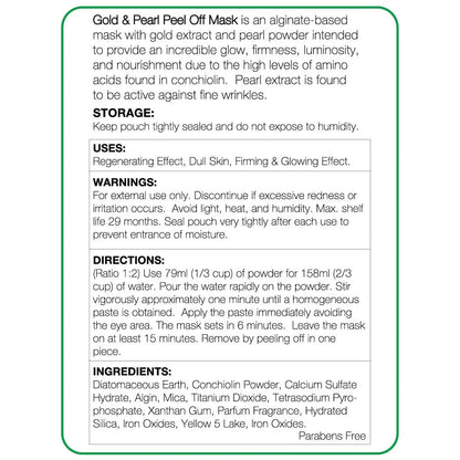 Product label for Gold & Pearl Peel Off Mask with storage, usage, warning, and ingredient information.