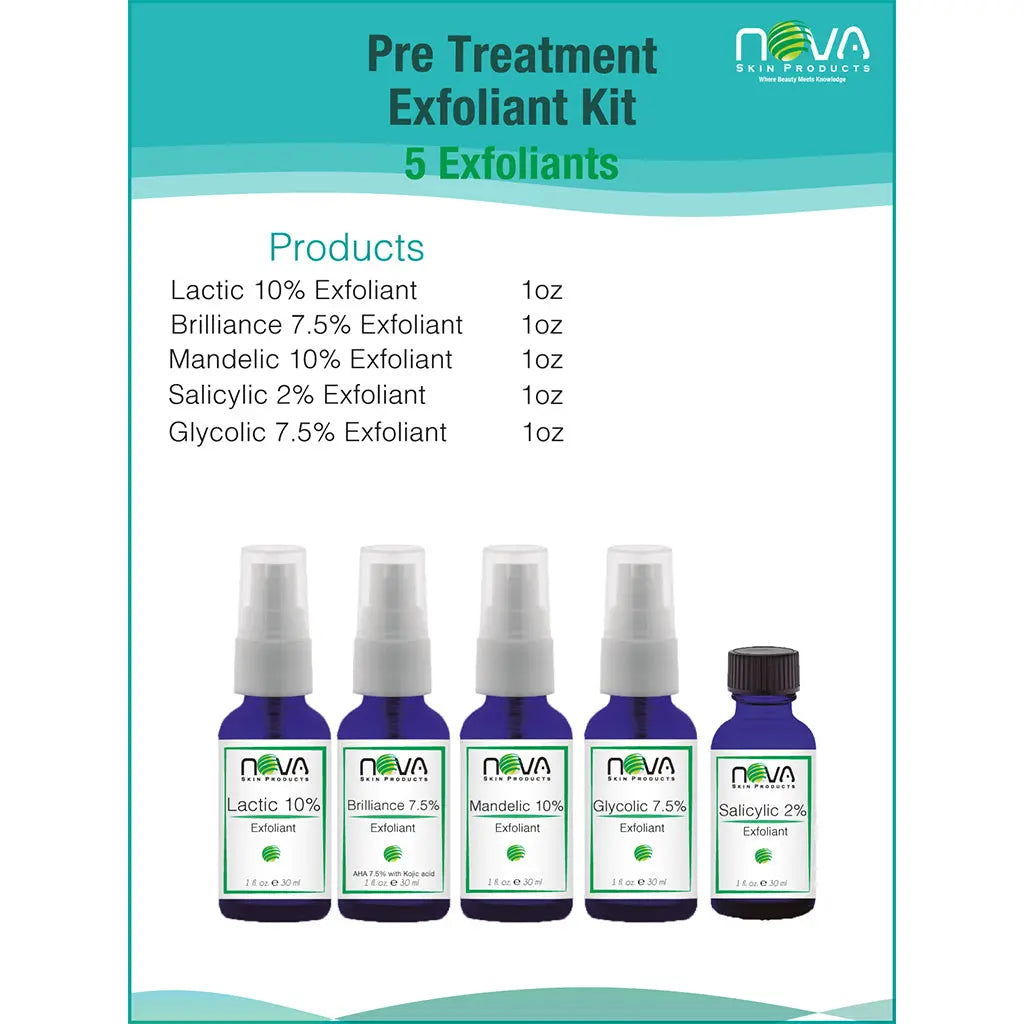 Nova Pre Treatment Exfoliant Kit packaging with five bottles on a white background