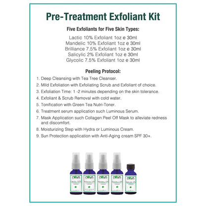 Pre-Treatment Exfoliant Kit with product bottles and detailed usage instructions on a white background.