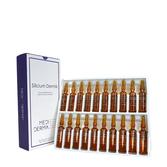 Pack of Mediderm Silicium Dermik ampoules with packaging on a white background