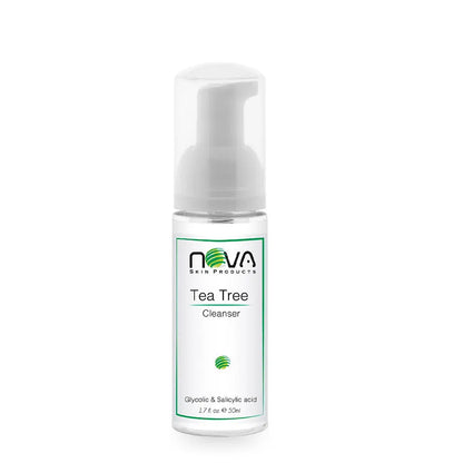 Foam bottle of Tea Tree Cleanser by Nova Skin Products on a white background