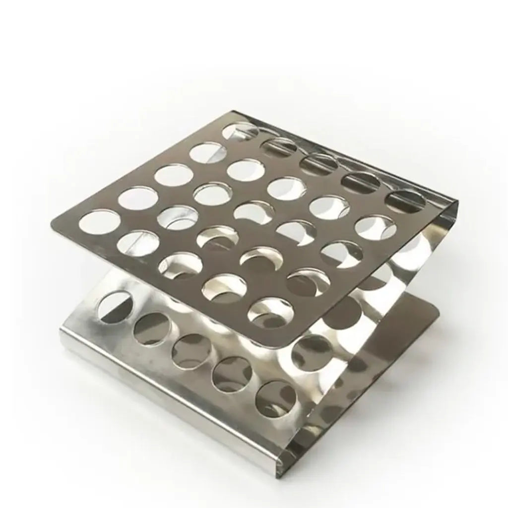 Metallic test tube rack with multiple holes on a white background