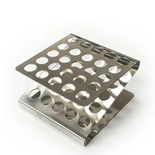 Metallic test tube rack with multiple holes on a white background