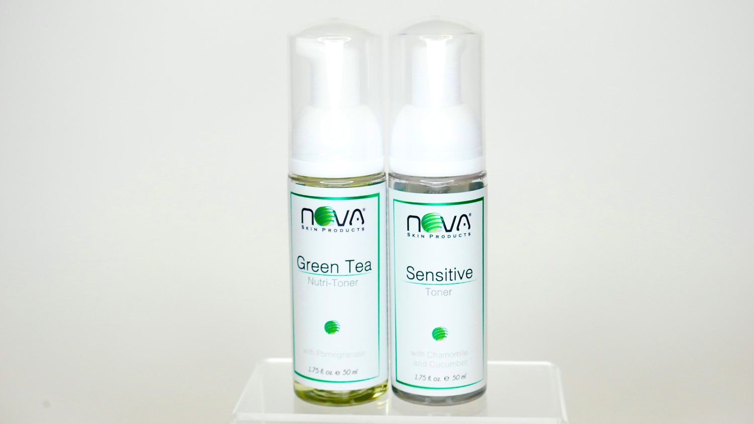 Two bottles of Nova skin care products on a white background