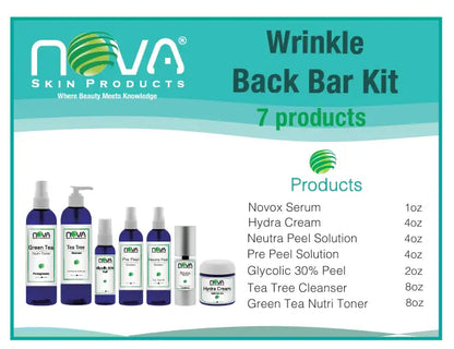 Nova Skin Products Wrinkle Back Bar Kit packaging with product list and images.
