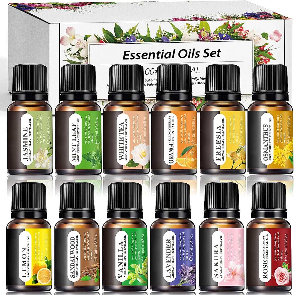 Essential Oil Set for Aromatherapy / 12 Scents 10ml | Lavender Rose Jasmine Mint Leaf White Tea Lemon Orange Osmanthus