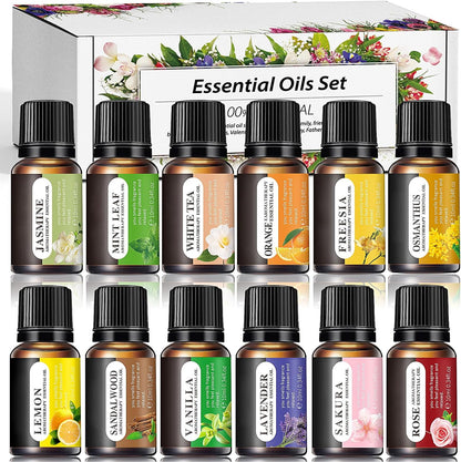 Essential Oil Set for Aromatherapy / 12 Scents 10ml | Lavender Rose Jasmine Mint Leaf White Tea Lemon Orange Osmanthus