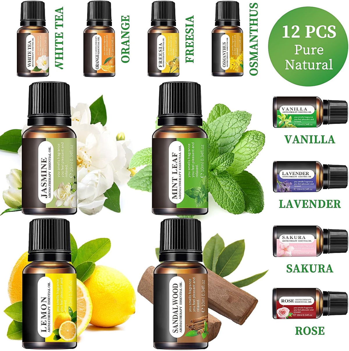 Essential Oil Set for Aromatherapy / 12 Scents 10ml | Lavender Rose Jasmine Mint Leaf White Tea Lemon Orange Osmanthus