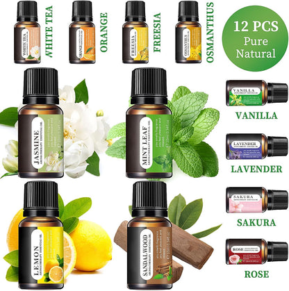 Essential Oil Set for Aromatherapy / 12 Scents 10ml | Lavender Rose Jasmine Mint Leaf White Tea Lemon Orange Osmanthus
