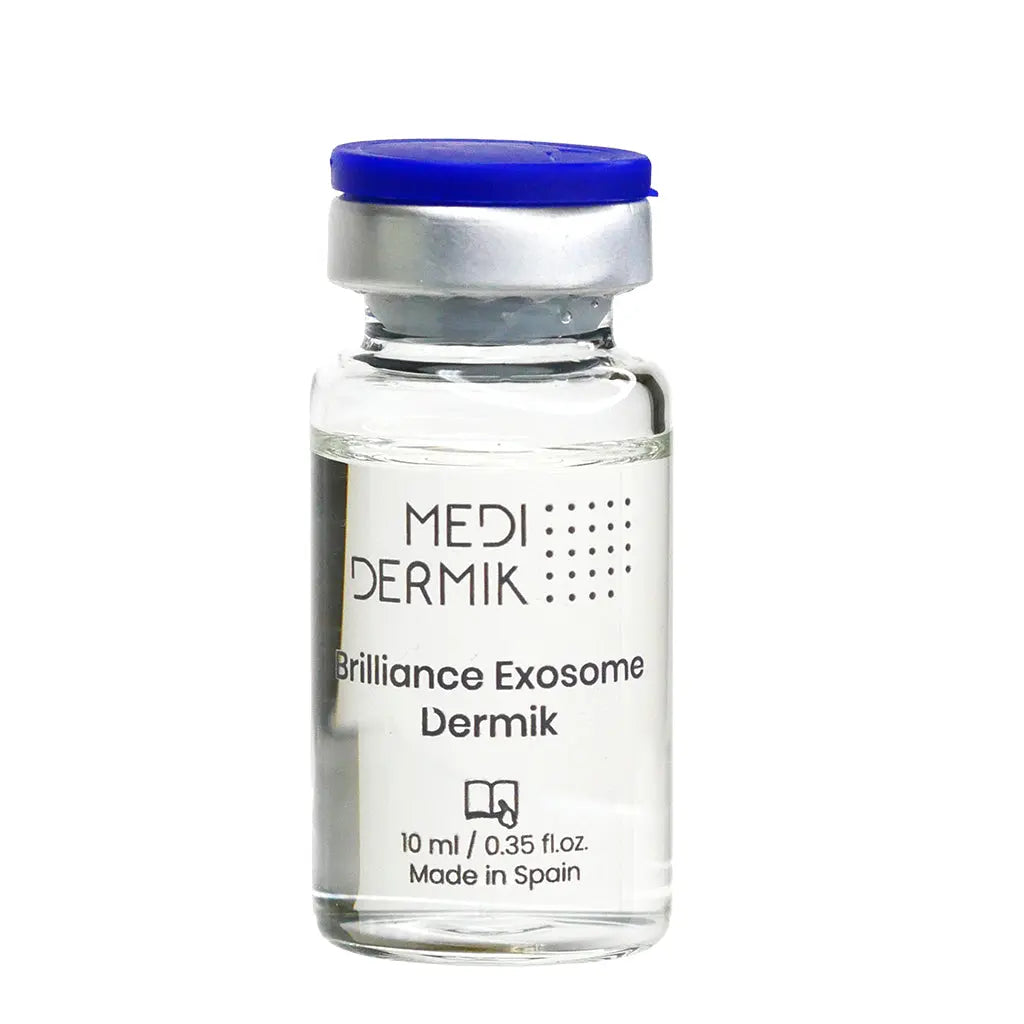Glass vial labeled 'MEDI DERMIK Brilliance Exosome Dermik' on a white background
