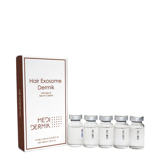 MEDI-DERMIK Hair Exosome Dermik hair serum packaging with vials on a white background