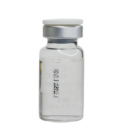 Clear glass vial with silver cap on a white background