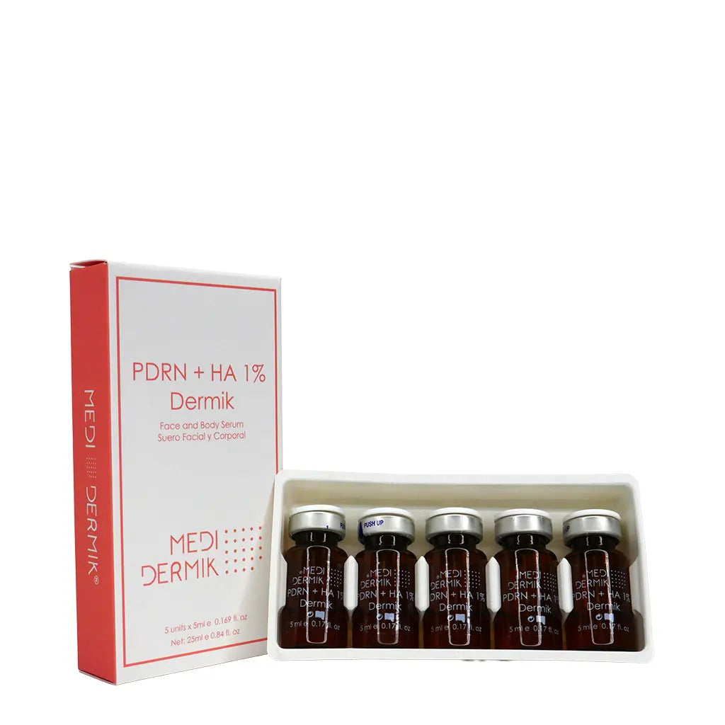 MEDI-DERMIK skincare product set with bottles and packaging on a white background