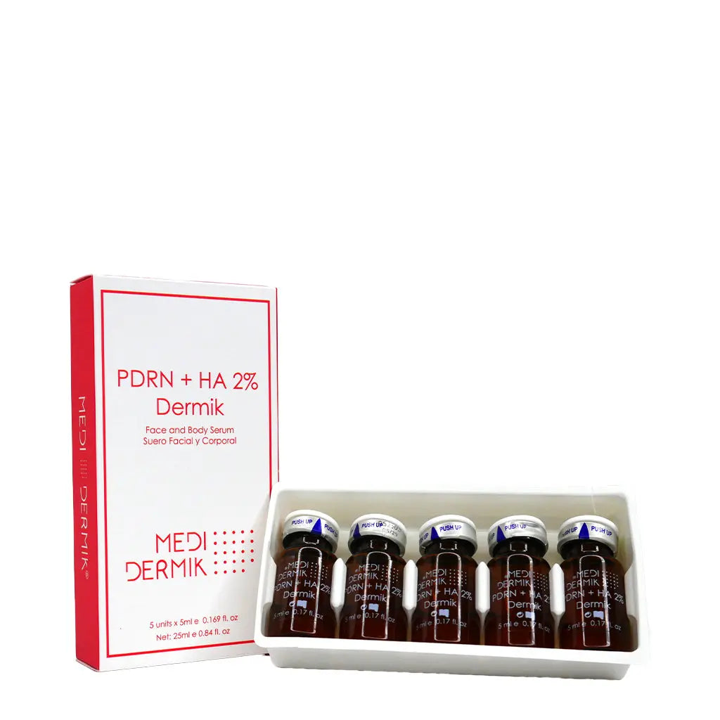 MEDI-DERMIK PDRN + HA 2% serum packaging with five bottles on a white background