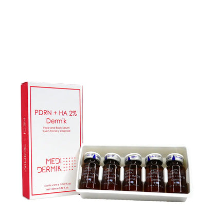 MEDI-DERMIK PDRN + HA 2% serum packaging with five bottles on a white background