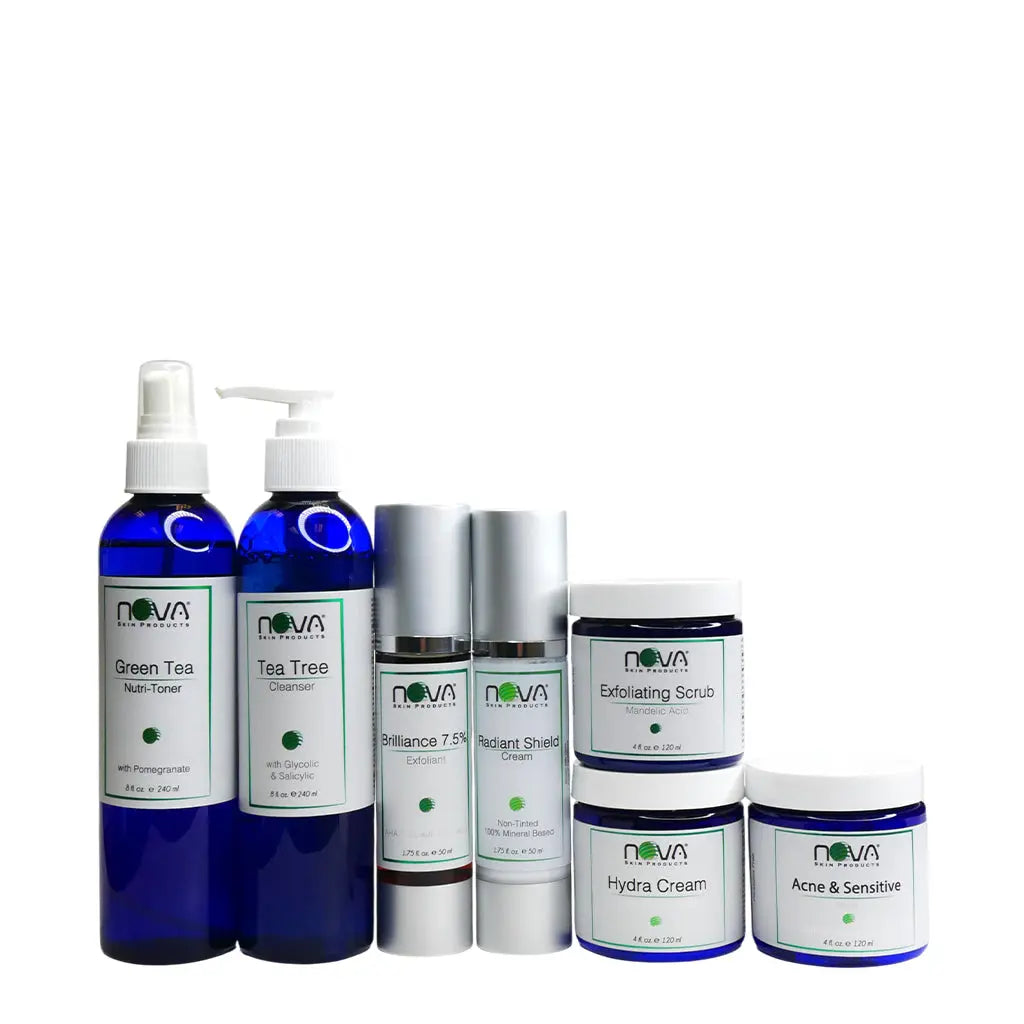 Collection of Nova skincare products on a white background