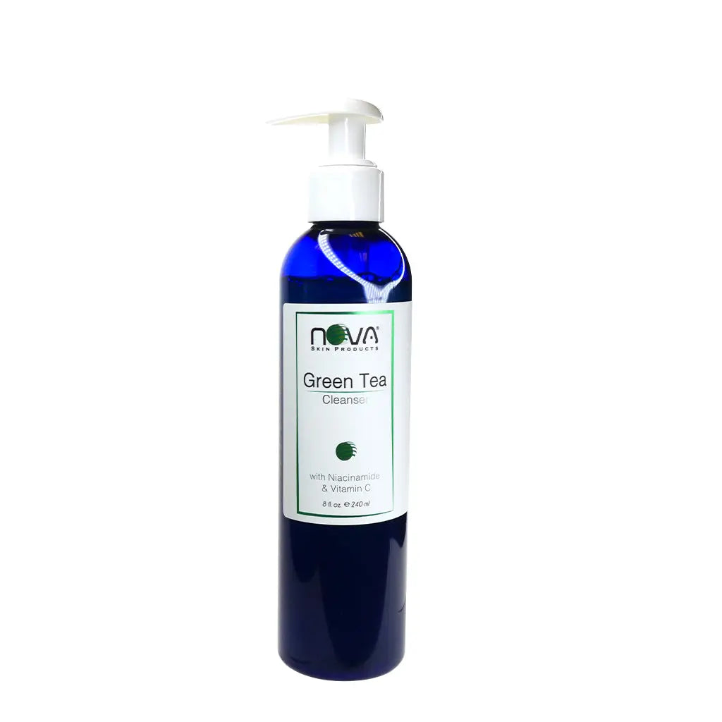 Blue bottle of Nova Green Tea Cleanser on a white background