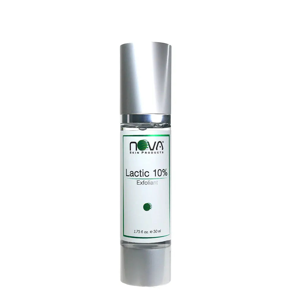 Skincare bottle labeled 'Nova Lactic 10% Exfoliant' on a white background
