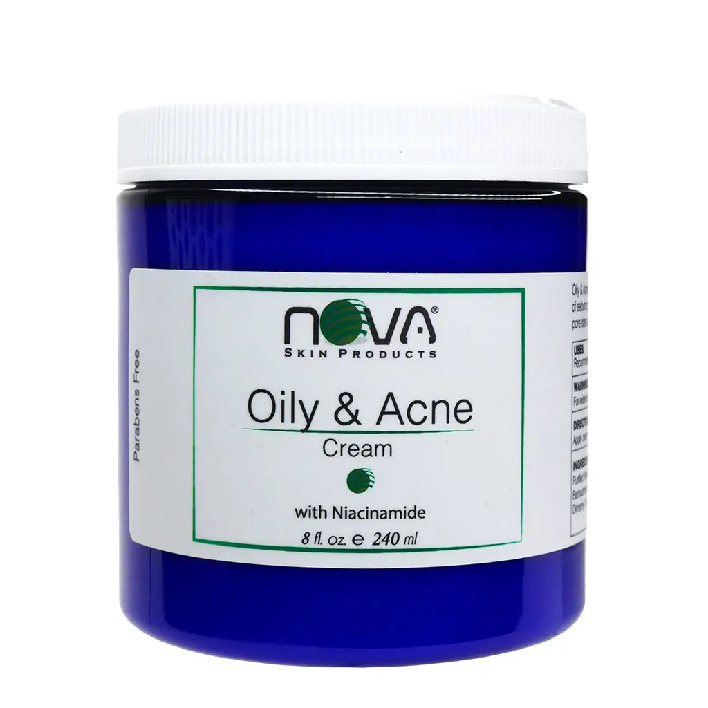Blue jar of Nova Oily & Acne Cream on a white background