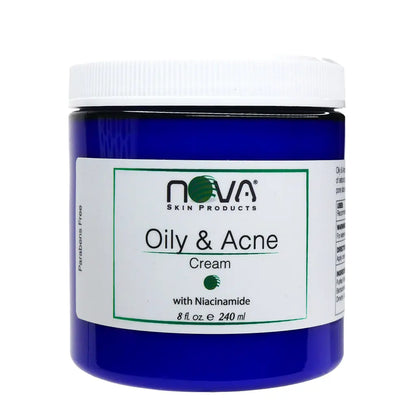 Blue jar of Nova Oily & Acne Cream on a white background