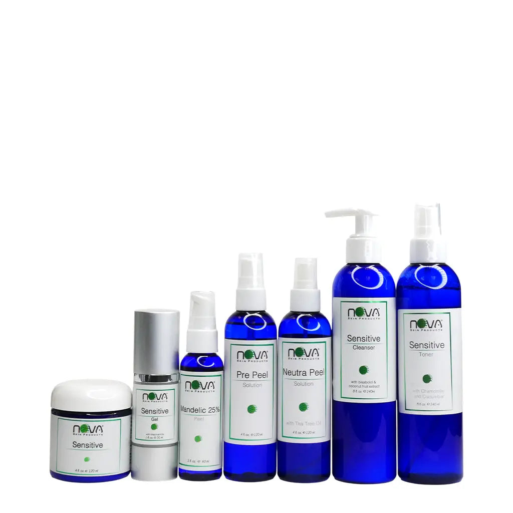 Collection of Nova skincare products on a white background