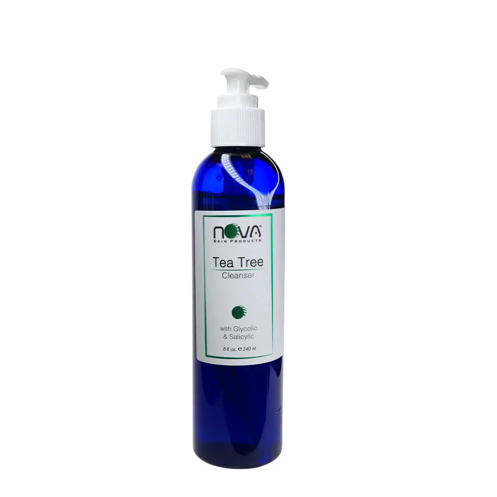 Blue bottle of Nova Tea Tree Cleanser on a white background