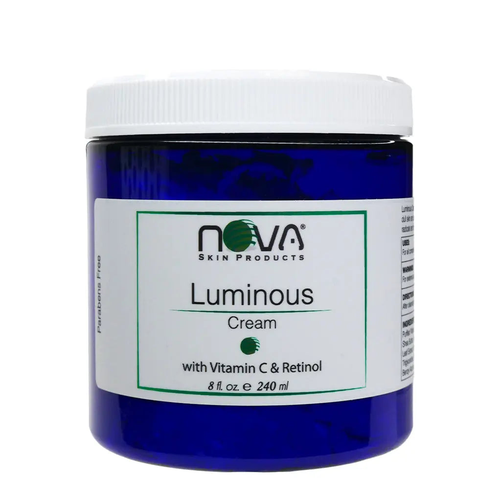 Blue jar of Nova Luminous Cream with Vitamin C & Retinol on a white background