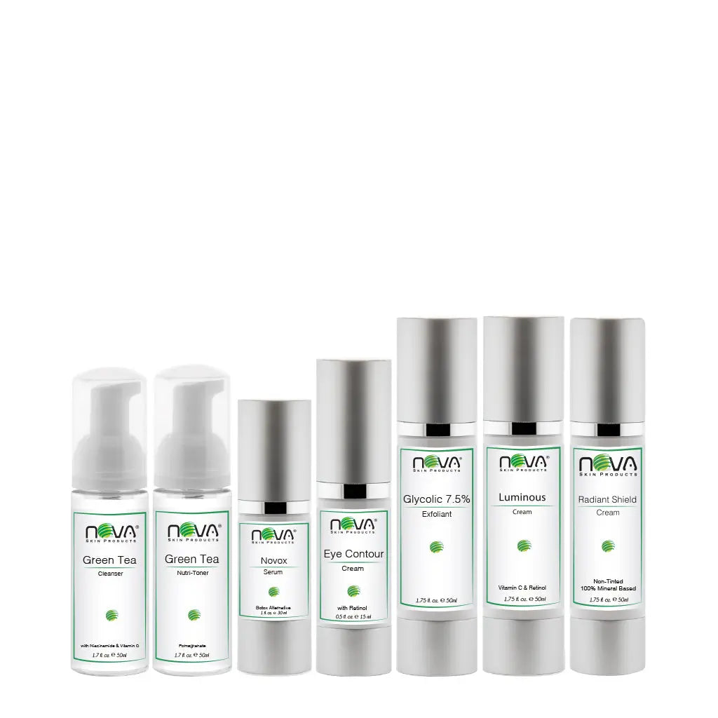 Collection of Nova skin care products on a white background